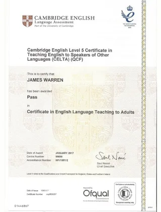 Cambridge English CELTA certificate awarded to James Warren