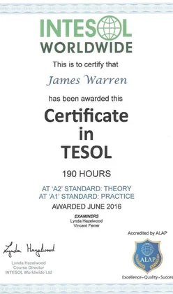 190-hour TESOL certificate from INTESOL Worldwide