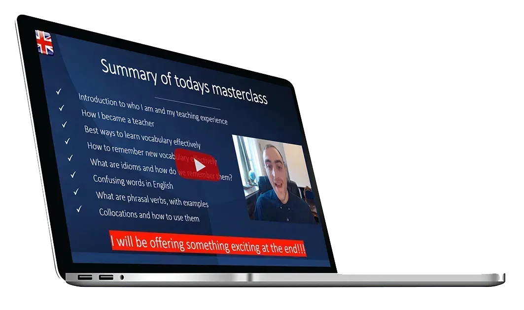 The free vocabulary masterclass playing on a laptop